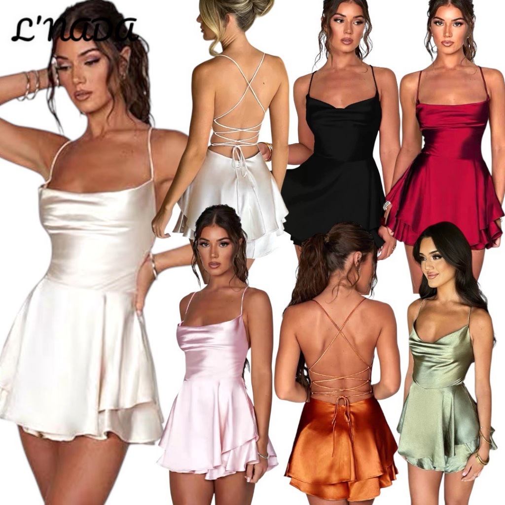 SPND【พร้อมส่ง】เดรสสายเดี่ยวซาตินสุดหรู ดีไซน์สายไขว้ด้านหลัง พร้อมเสิร์ฟความแซ่บ มีให้เลือก6สี