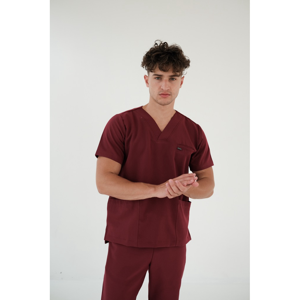 HOURS.Scrub l First Hours Collection l ชุดสครับคอวี Unisex สี Cherry Red