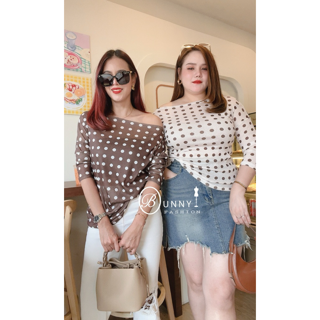 A190 BunnyFashion เสื้อสลาฟปาดไหล่ลายจุด ผ้ายืดเนื้อบาง