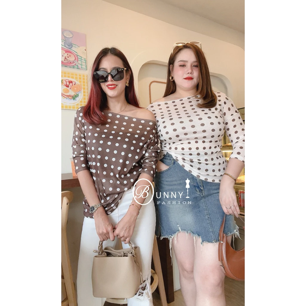 A190 BunnyFashion เสื้อสลาฟปาดไหล่ลายจุด ผ้ายืดเนื้อบาง