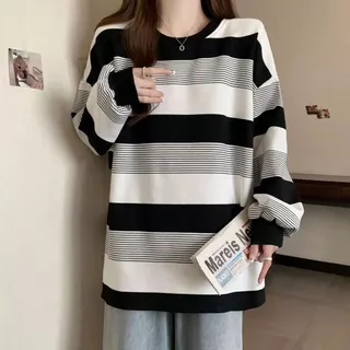 พร้อมส่งในไทย**เสื้อแขนยาวลายทางผ้าโพลี ทรงเกาหลี Y263