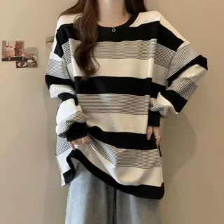 พร้อมส่งในไทย**เสื้อแขนยาวลายทางผ้าโพลี ทรงเกาหลี Y263