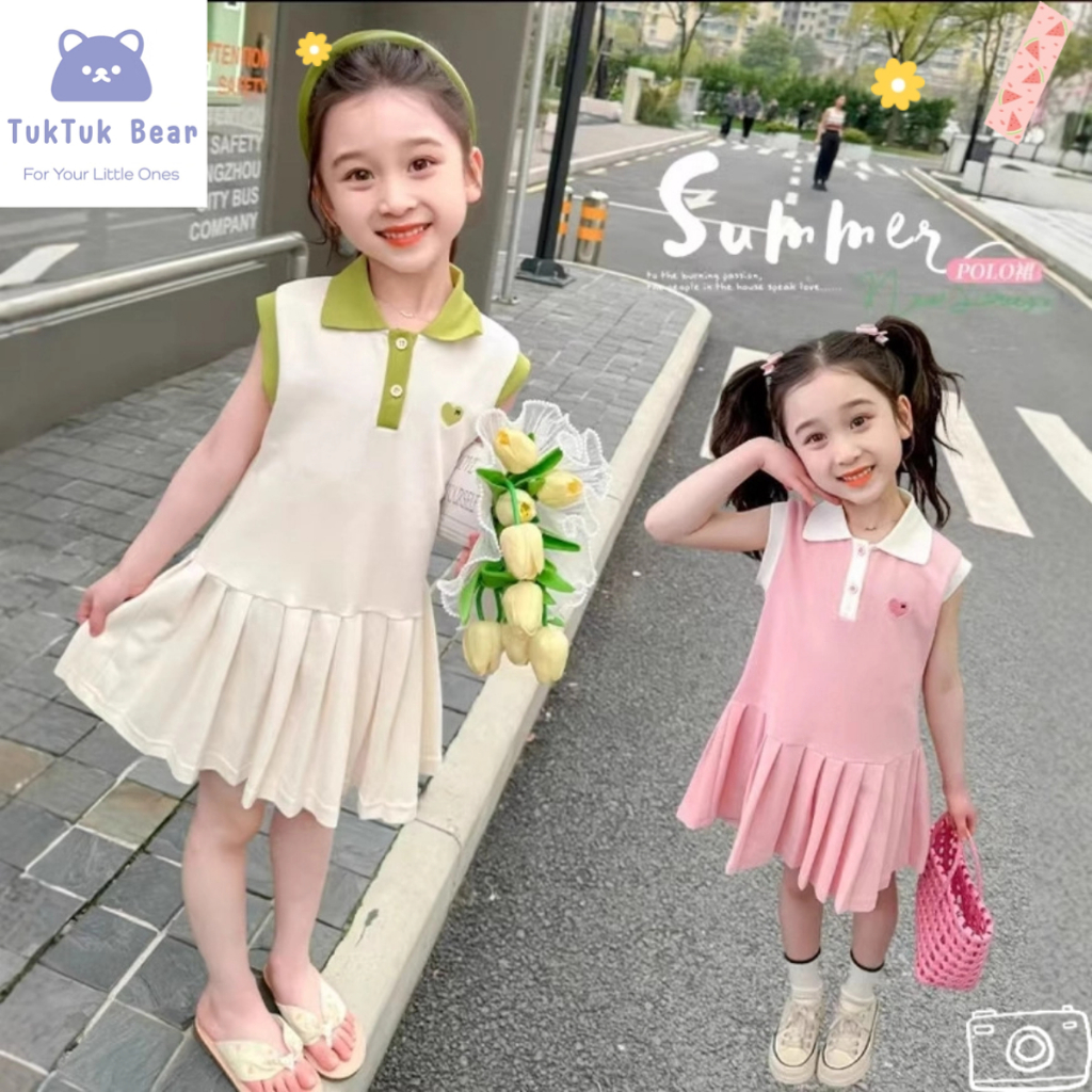 ชุดเดรสเด็กผู้หญิง ชุดกระโปรงโปโลเด็ก แขนกุด สีสดใส สำหรับเด็ก1-12ขวบ พร้อมส่ง