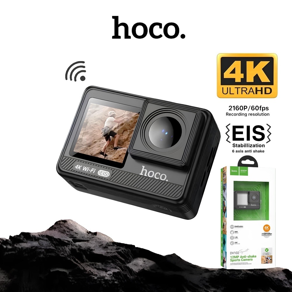 HOCO DV102 กล้องแอคชั่น 4K 30fps / 20MP หน้าจอคู่ กันสั่น 6แกน กันน้ำลึก 30เมตร Action Sports Camera