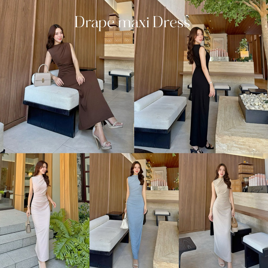 𝐃𝐫𝐚𝐩𝐞 𝐌𝐚𝐱𝐢 𝐃𝐫𝐞𝐬𝐬  เดรสยาวทรงเข้ารูป แขนกุดคอปิด ดีเทลจับเดรปด้านข้างช่วงเอว