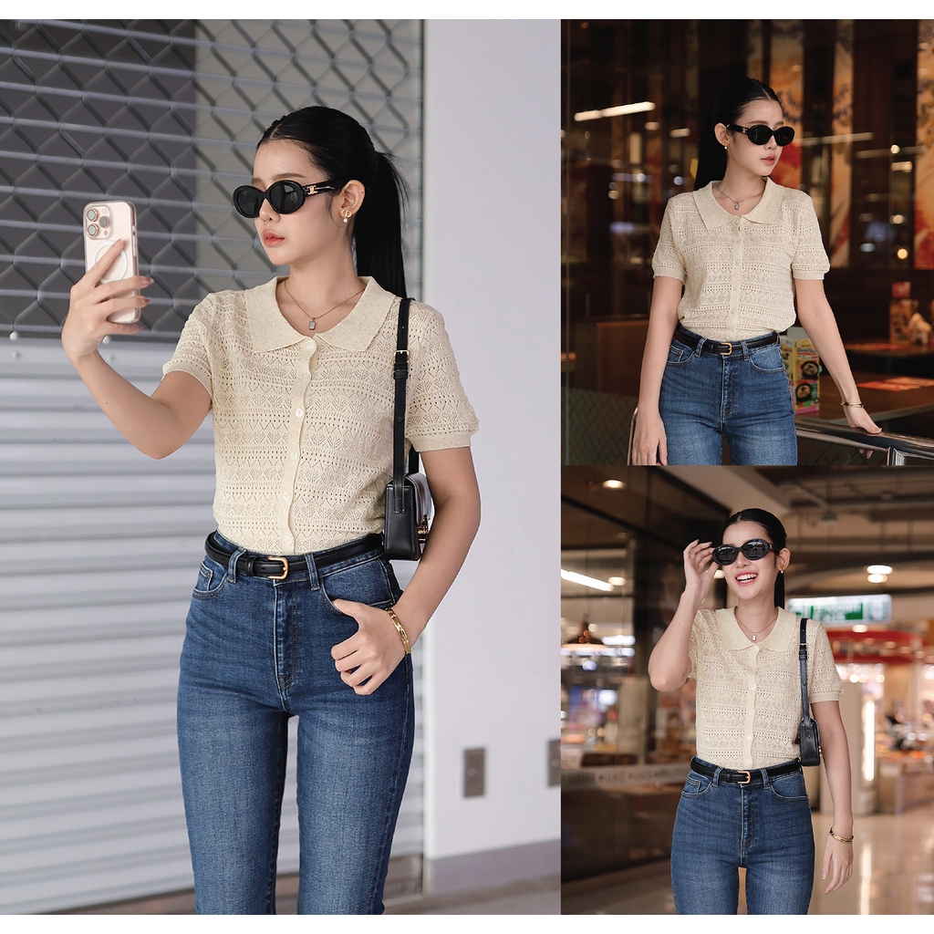 T0123027 เสื้อนิตติ้งทอฉลุ มี 3 สี : สีดำ ,สีเหลือง ,สีครีม - NUMBERSEVEN