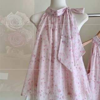เสื้อลายดอกสีชมพู เสื้อแขนกุดผ้าชีฟองลายดอกไม้สไตล์ฝรั่งเศสส…