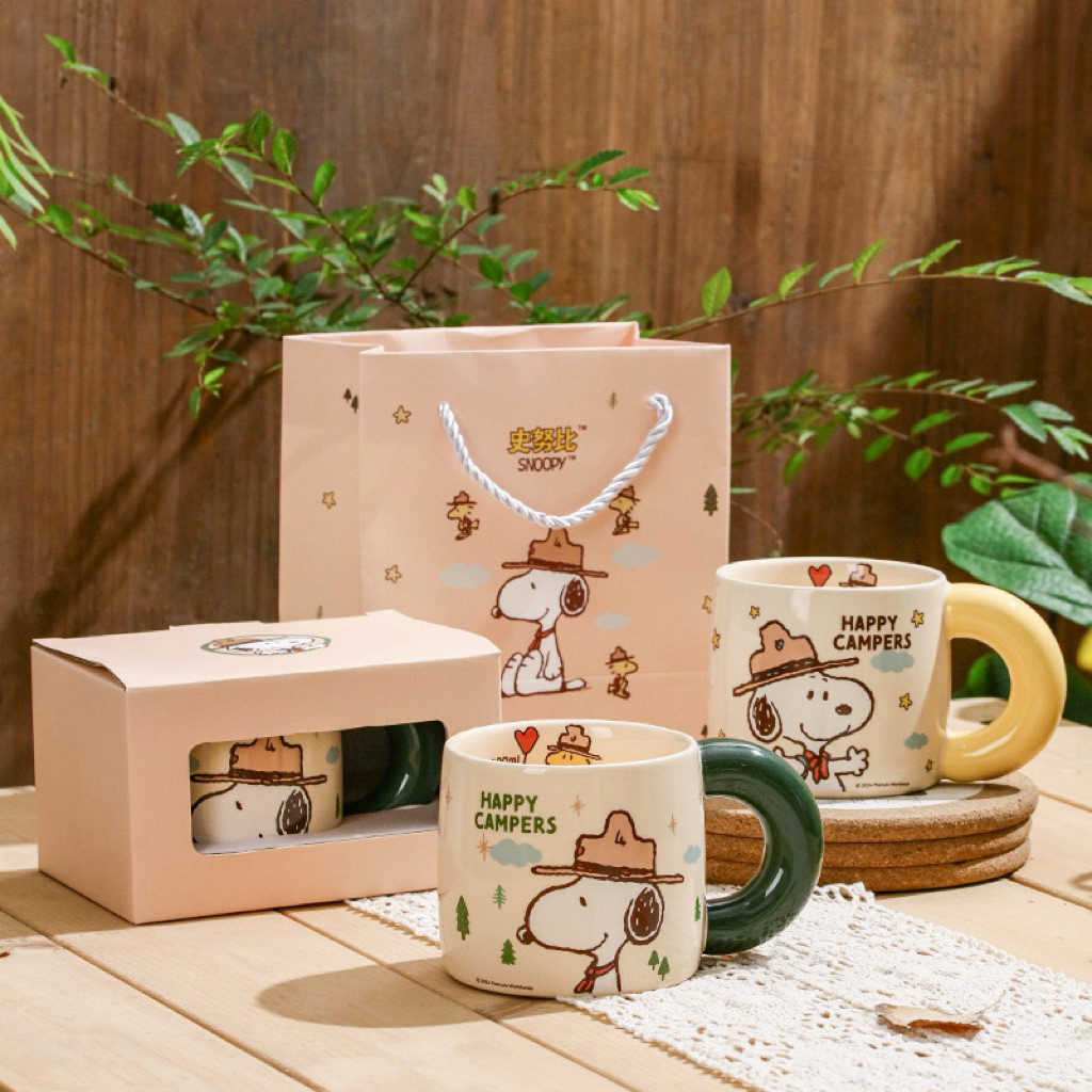 แก้วเซรามิค Snoopy ลิขสิทธิ์แท้ แก้วกาแฟน่ารัก 460ml พร้อมกล่องของขวัญ Happy Campers