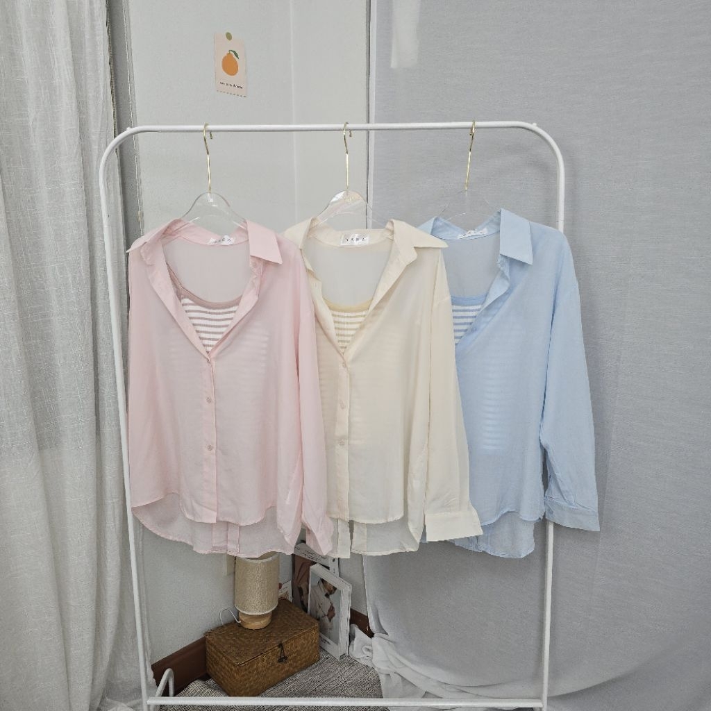 [SH2] WARA เซ็ตเสื้อเชิ้ตผู้หญิง คอตตอนเกาหลี + สายเดี่ยวลายริ้ว | เสื้อเชิ้ตแขนยาว