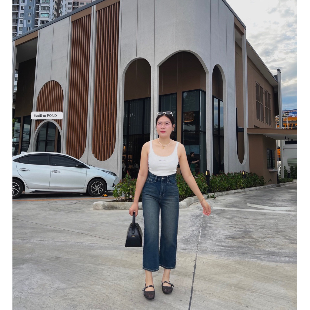 กระบอกเต่อPOND ยีนส์ทรงกระบอก เอวสูง ขาเต่อ เรีบยหรู ใส่สบาย สไตล์มินิมอล ความยาว35-36 นิ้ว