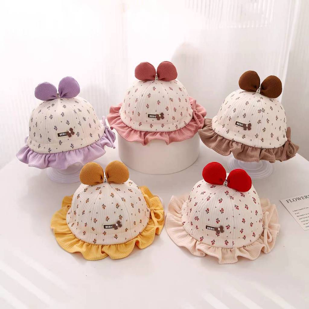[พร้อมส่ง] หมวกเด็กผู้หญิง หมวกผ้าฝ้ายลายดอก สำหรับวัยแรกเกิดถึง 2 ขวบ รอบศีรษะ 46-48 cm. หมวกแฟชั่นเด็กติดโบว์ มี 5 สี