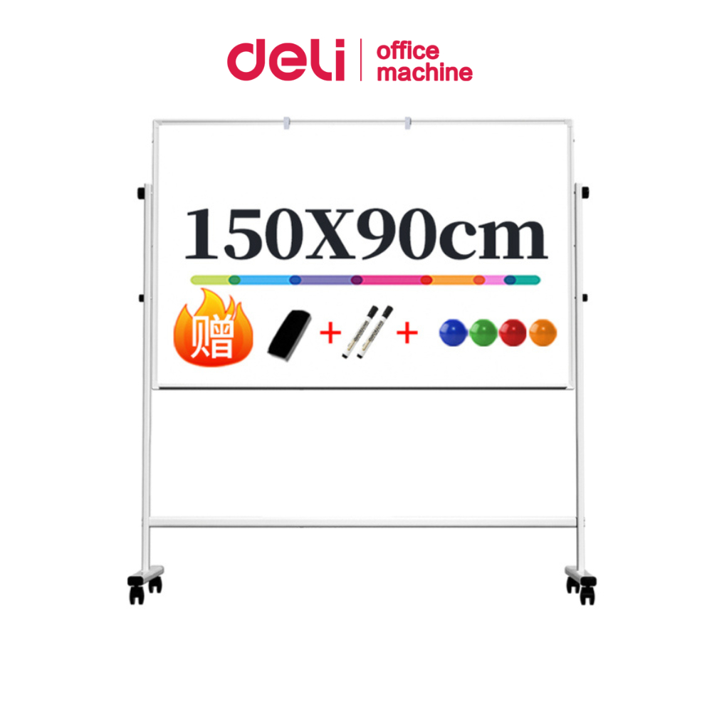 [ของแถมฟรี] Deli กระดานไวท์บอร์ดขาตั้ง หมุน 360° ไวท์บอร์ด 2ด้าน มีล้อ ติดแม่เหล็กได้  Whiteboard