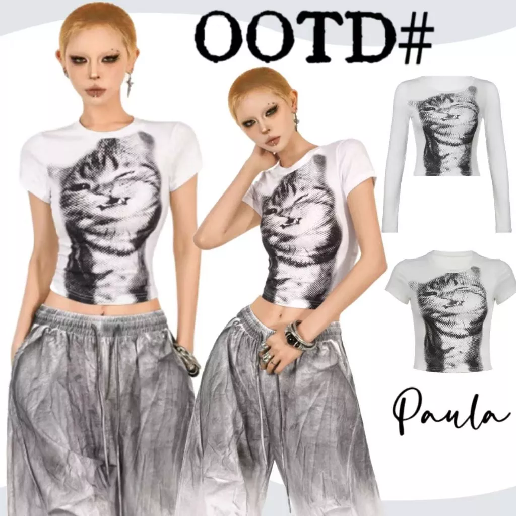 Paula พร้อมส่ง💜เสื้อยืดรัดรูปผู้หญิง🐱Y2Kเสื้อครอปท็อป แขนยาว แขนสั้น Croptop พิมพ์น้องแมว ผ้ายืดใส่สาย สวาอ้วนใส่ได้