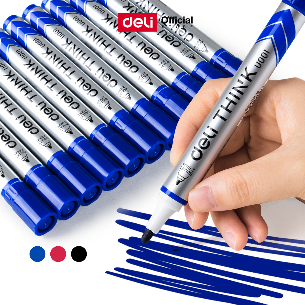 Deli ปากกาไวท์บอร์ด มาร์คเกอร์ ใช้เขียนกับกระดาน สีน้ำเงิน/แดง/ดำ Whiteboard marker (แพ็ค 1 แท่ง)