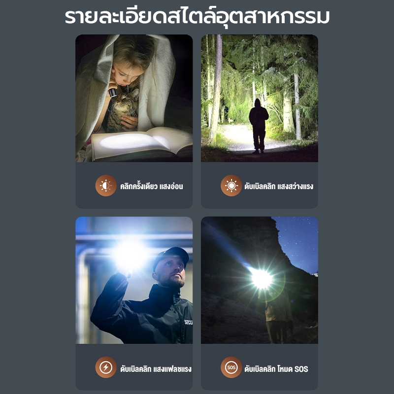 【รับประกัน 3 ปี】ไฟฉาย LED สว่างมาก แบตเตอรี่อึดมาก ใช้งานได้นาน 4 โหมด Type-C ผิวสัมผัสแบบด้าน ระยะยิง MAX85 เมตร กันน้ำ - รูปที่ 3