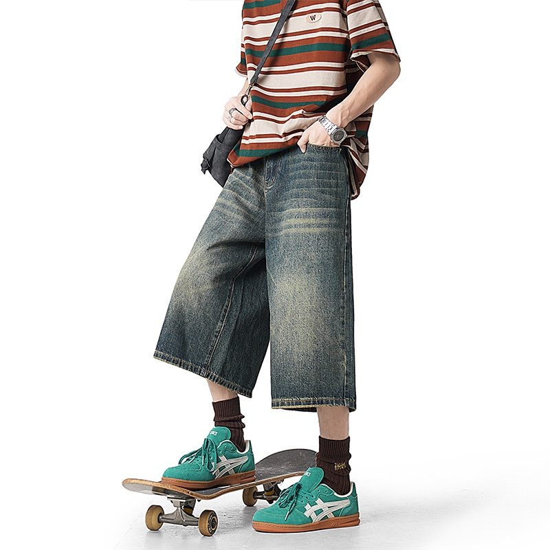 กางเกงขาสั้นสำหรับผู้ชาย พลัสไซส์ Unisex เกงสามส่วน ทรงหลวม พลัสไซส์ denim เก็บพุง streetwear วินเทจ - รูปที่ 4