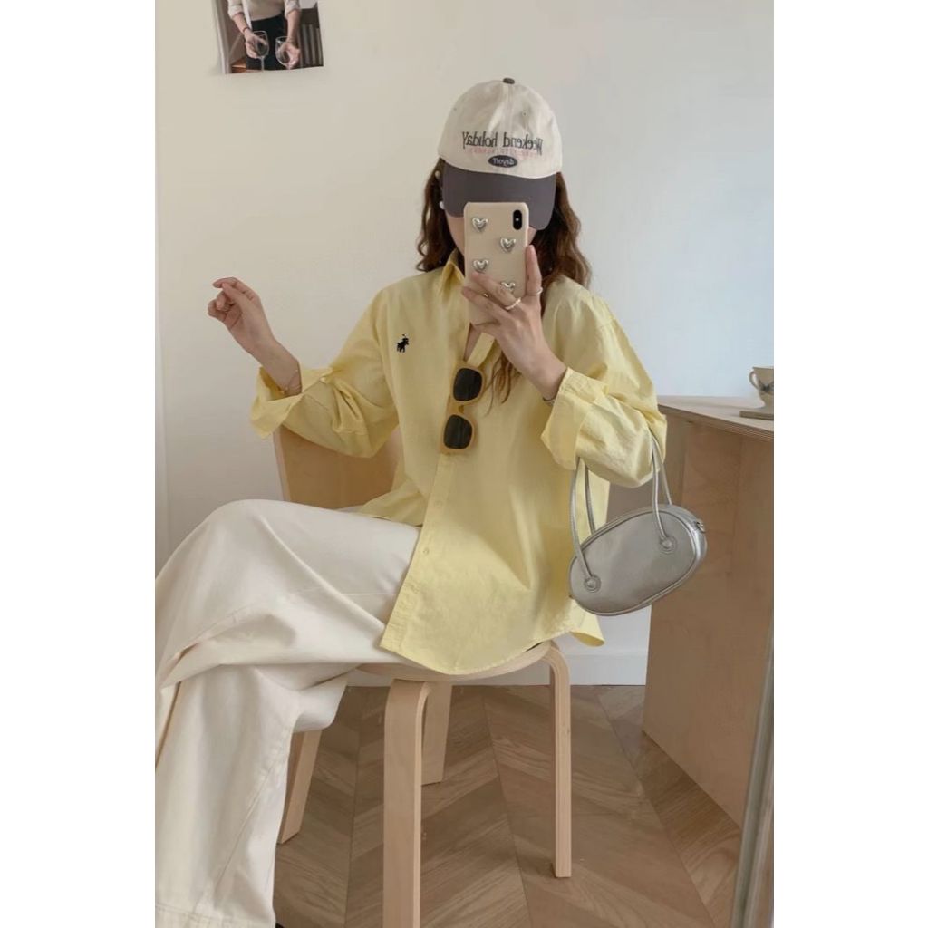 เสื้อเชิ้ตผู้หญิงแขนยาว เสื้อโปโล ทรงหลวม ปักลาย สไตล์ขี้เกียจ สดชื่น สีขาว - รูปที่ 5