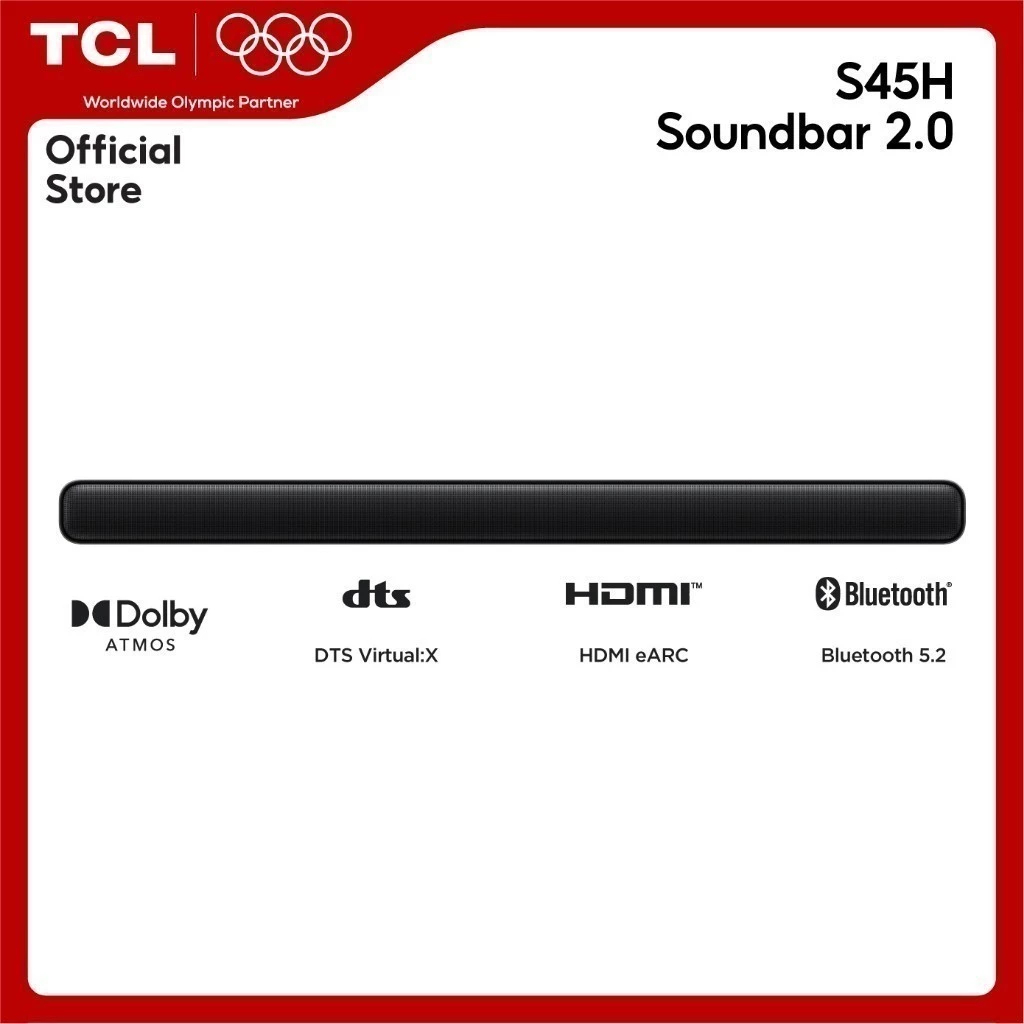 TCL Sound Bar พลังเสียง 100W รองรับ Bluetooth 5.1 รุ่น S45H ขนาด 810 มิลลิเมตร 2.0 Channel