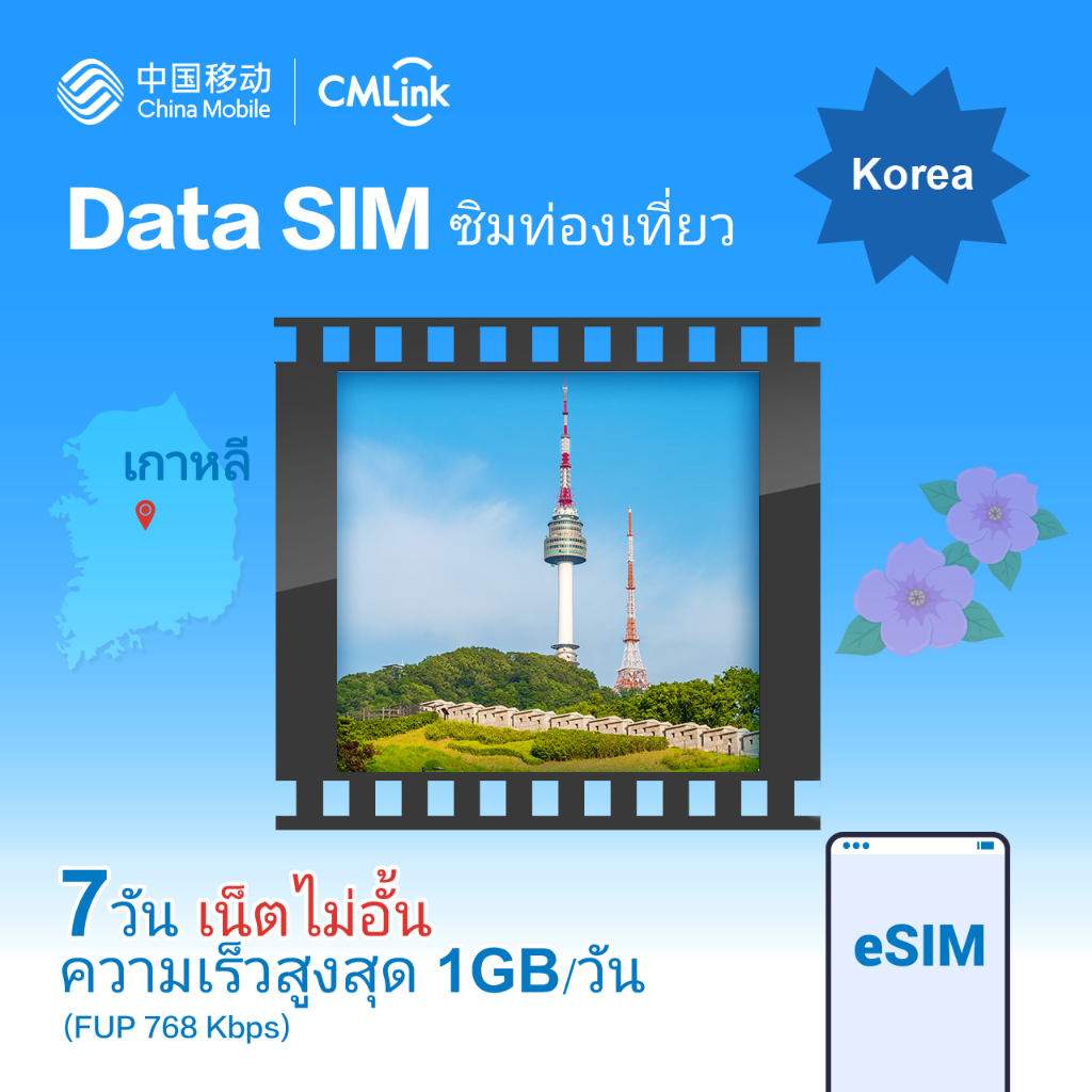 eSim! CMLink Data Sim ซิมท่องเที่ยวเกาหลี 7 วันเน็ตไม่อั้น