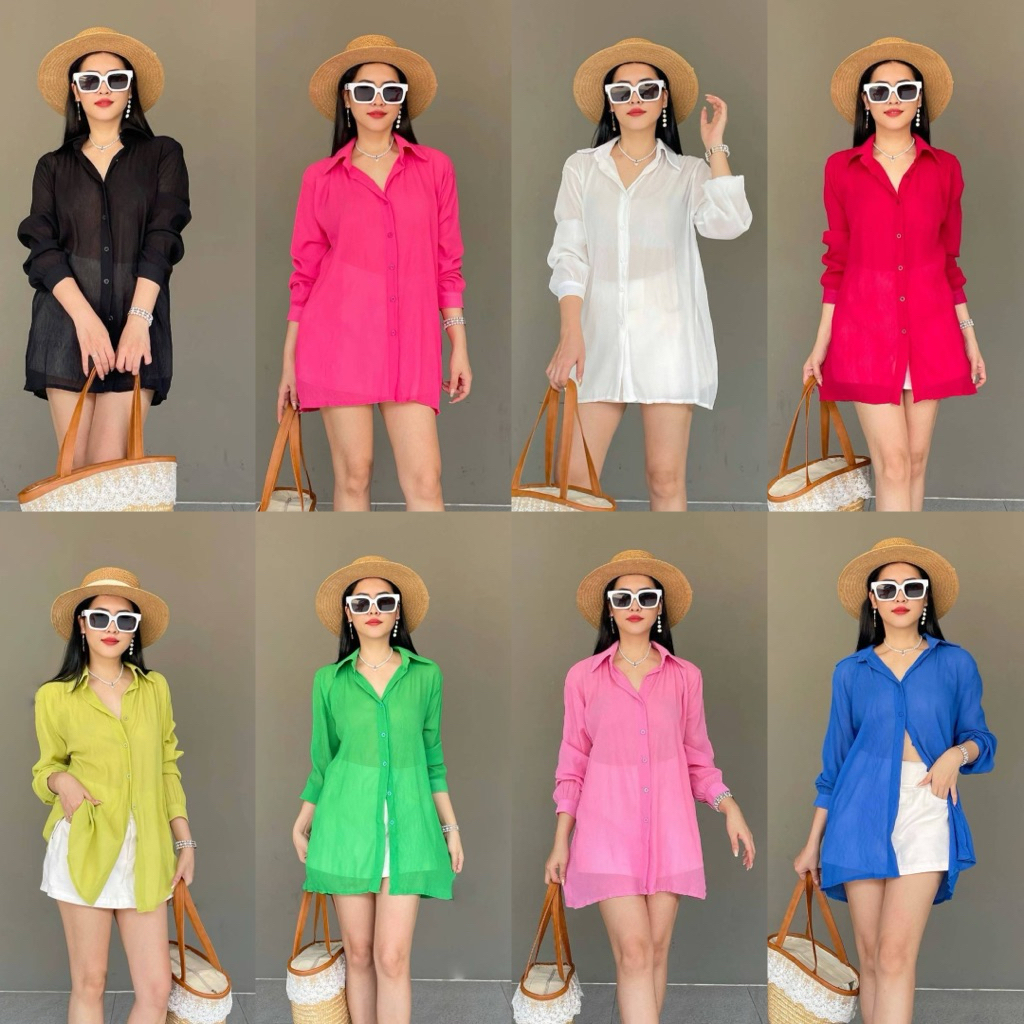 Summer shirt เสื้อเชิ้ตซีทรูผ้าลายอัดพลีทเล็ก ทรงคอปกแขนยาว