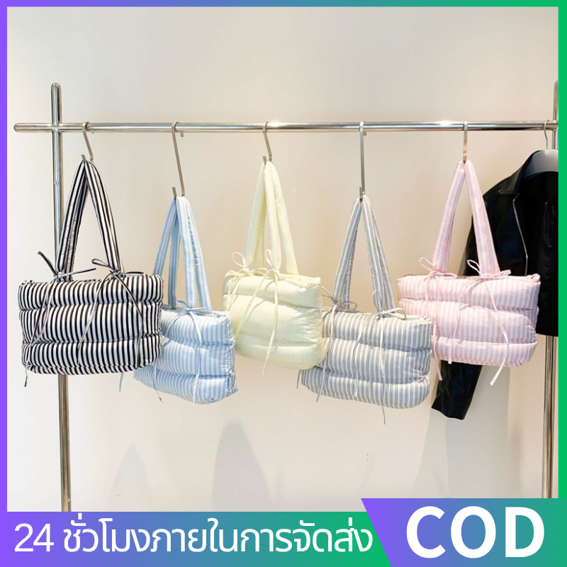กระเป๋าถือสะพายข้างขนาดใหญ่ กระเป๋าผ้าคอตตอนลายทาง มีโบว์ สามารถใส่ไอแพดได้ มีซิป ดีไซน์แฟชั่นสำหรับการเดินทาง