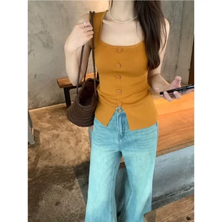 Cic(Z31) เสื้อไหมพรมแขนกุดคอเหลี่ยมแบบกั๊ก กระดุมหลอก ดีเทลแหวกด้านล่าง สไตล์ฝรั่งเศส