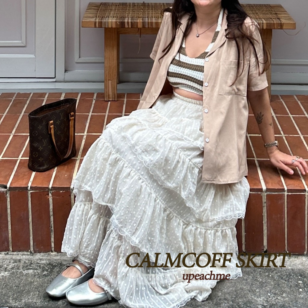 upeachme(A0001) Calmcoff Skirt (เอว-40") กระโปรงยาวแต่งลูกไม้ผ้าเกรดพรีเมียม กระโปรงยาวระบาย4ชั้น กระโปรงยาวลูกไม้