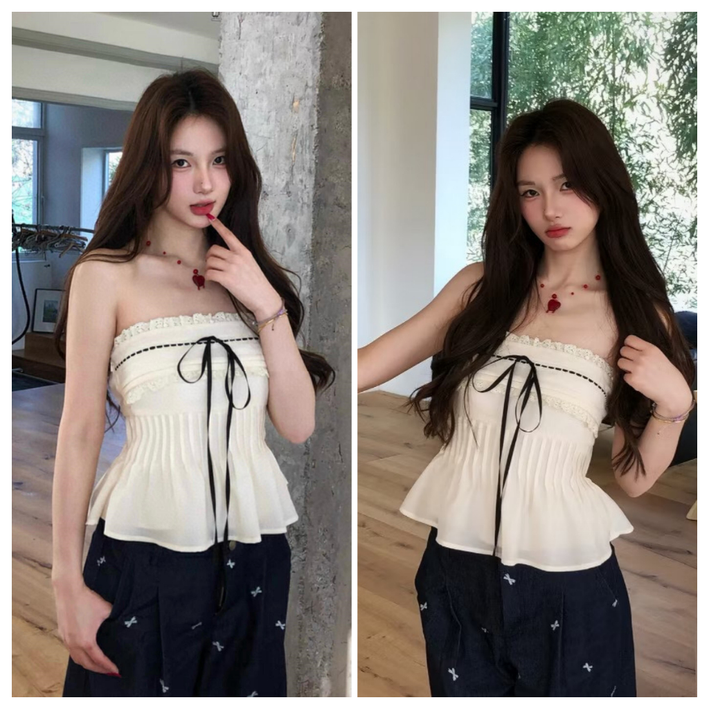 (พร้อมส่ง)เสื้อเกาะอกผู้หญิง สไตล์เกาหลี,BLACK Bow Tie เสื้อเกาะอก ใส่สบาย