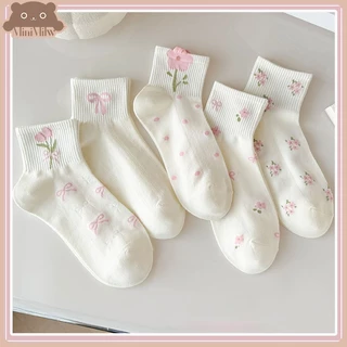[พร้อมส่ง] ถุงเท้าหุ้มข้อดอกไม้โบว์ มี 5 ลาย น่ารักสไตล์ญี่ปุ่น ผ้าฝ้ายยืดหยุ่นใส่สบาย ใส่ได้หลายลุค : MiniMilwʕ•ᴥ•ʔ