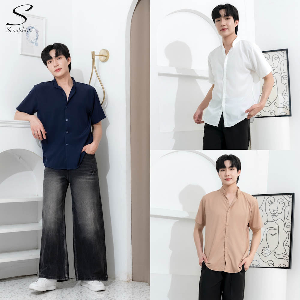 [ส่งทันที กทม.1 วัน] S6: เสื้อเชิ้ตคอจีนแขนสั้น สีพื้น มีไซซ์ M L XL XXL พร้อมส่ง ยับยาก ไม่ยืดไม่ย้วย ผ้านิ่ม