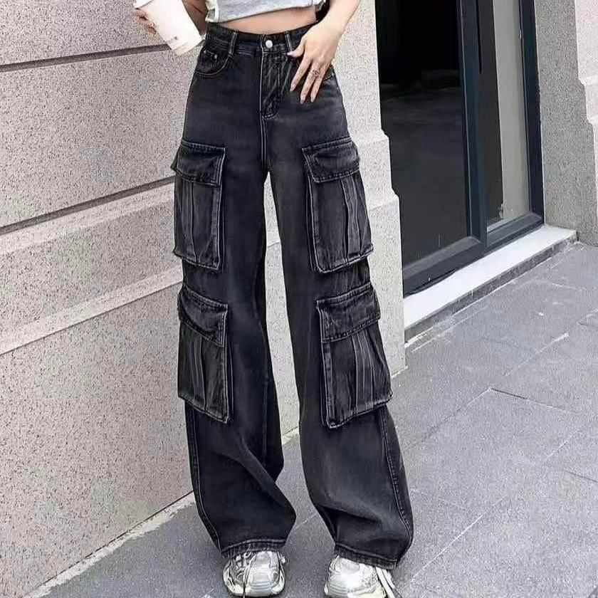 (XS-6XL) jinjeans กางเกงยีนส์คาร์โก้ ทรงช่างสีดำเทาฟอก 8 กระเป๋า (8006)