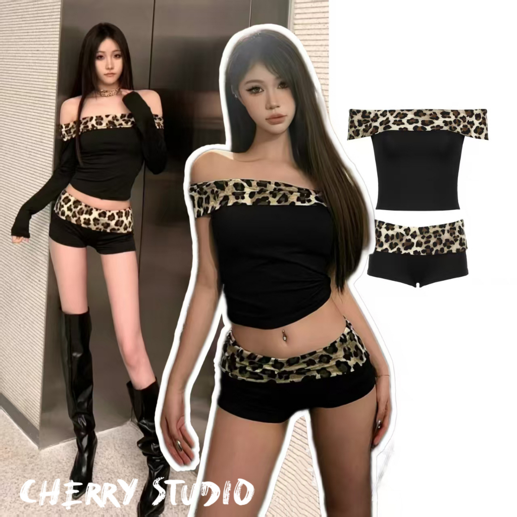 Cherryพร้อมส่ง🖤ชุดเซ็ท2ชิ้นชุดกรามู ชุดY2K เสื้อเปิดไหล่แขนสั้นลายเสือดาว และกางเกงขาสั้น ทรงเข้ารูป ชุดไปเที่ยว ไปปาร์