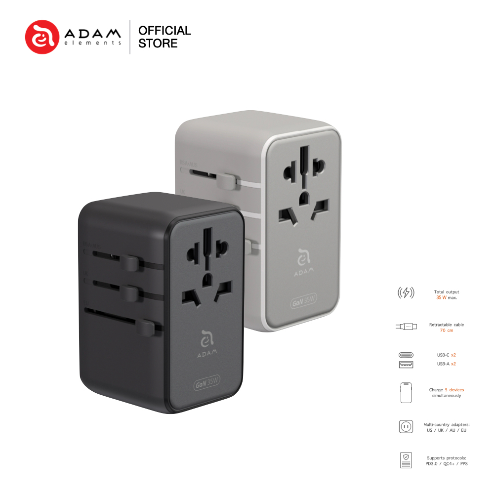 หัวแปลงปลั๊กต่างประเทศ ADAM elements OMNIA T35L Universal Travel Adapter with Built-In USB-C Cable 35W