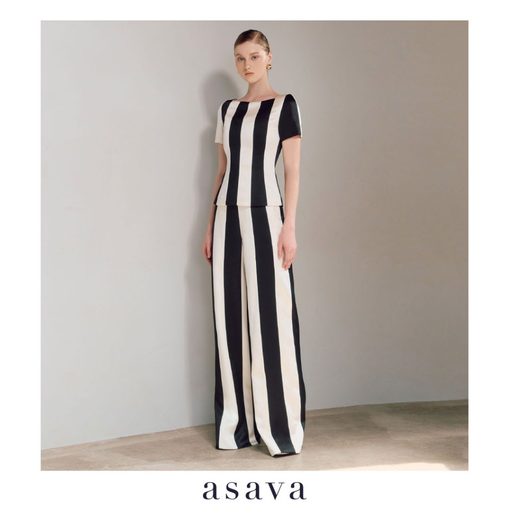 [asava ss25] Striped Wide-leg Pants กางเกงผู้หญิง ขากว้าง เอวสูง กระเป๋าข้าง ซิปหลัง ตัดต่อผ้าลายทาง