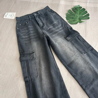 #6621 (XS-6XL) jinjeans กางเกงยีนส์คาร์โก้สีดำฟอก แต่งเฟด