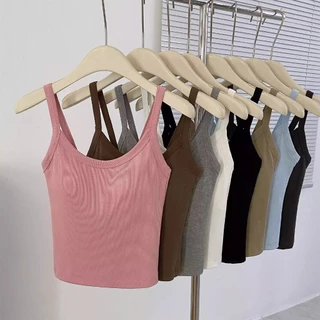 เสื้อสายเดี่ยว (S-3XL) มีฟองน้ำในตัว ทรงครอปเข้ารูป เหมาะกับสาวๆสายเที่ยวสายไปคาเฟ่ สีสันสดใส ผ้าใส่แล้วไม่ร้อน