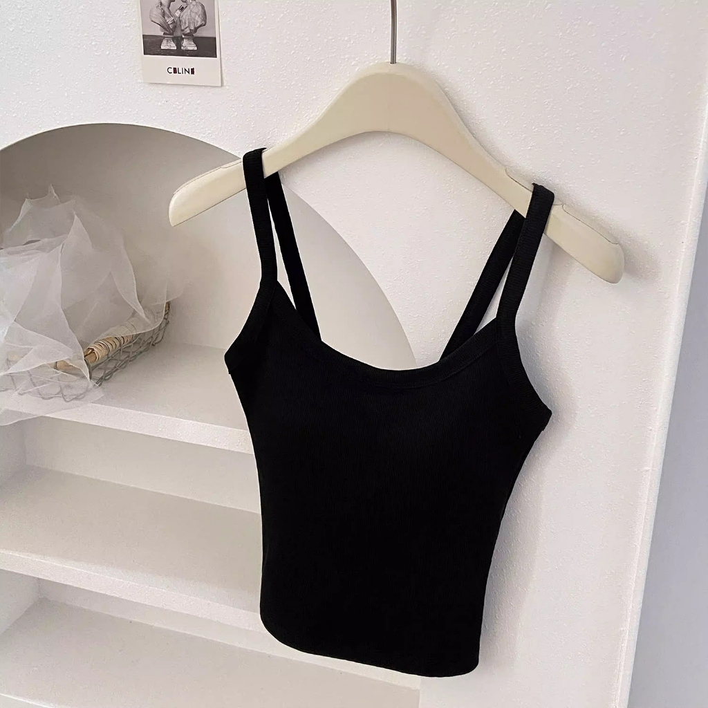 เสื้อสายเดี่ยว (S-3XL) B666ทรงครอป ทรงเข้ารูป มีฟองน้ำในตัว เหมาะกับสาวๆสายเที่ยวสายไปคาเฟ่ สีพื้น ส