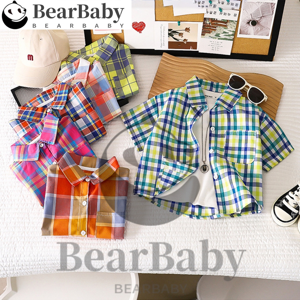 เสื้อเชิ้ตลายสก๊อตเด็ก เสื้อเชิ้ตเด็กแขนสั้น ผ้าคอตตอน ผ้าเบา นุ่มนิ่ม ใส่สบาย งานแฟชั่นเกาหลี
