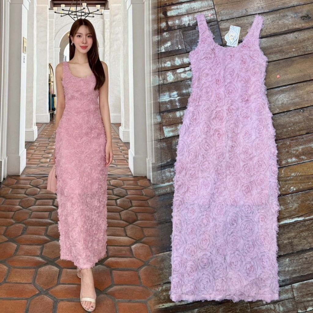 3Dเดรสลูกไม้ชมพูสวยสง่า!!! S-XL Maxi Dress เดรสสีชมพูผ้าทอกุหลาบสามมิติ งานป้าย