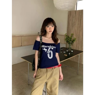 เสื้อยืดบาง เสื้อยืดปาดใหล่ คอกว้าง พิมพ์ลาย เนื้อผ้านิ่ม#92320