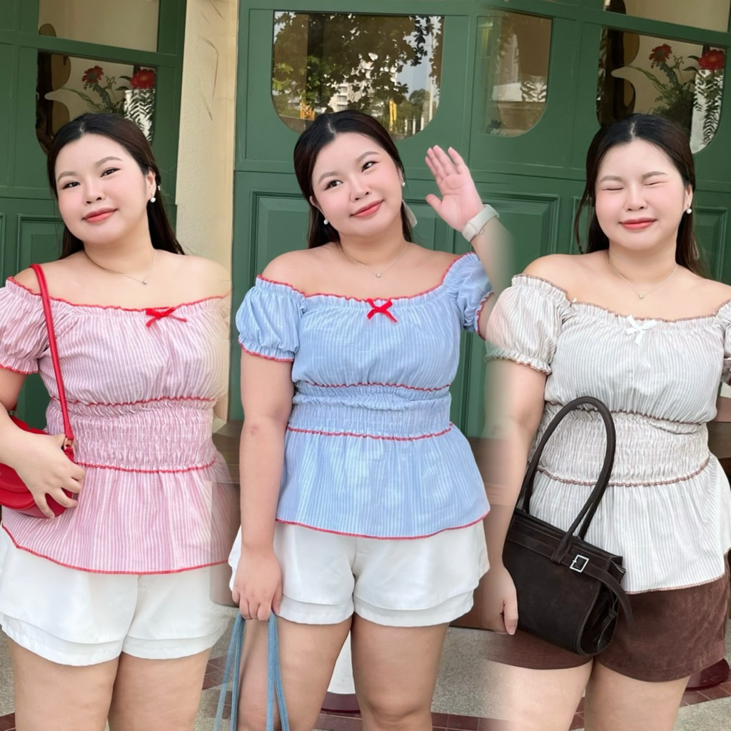 Benzbunny29- Cherry top เสื้อลายริ้วแขนตุ๊กตา ผ้าคอตตอนริ้ว สาวอวบ อก 36-48” #2123