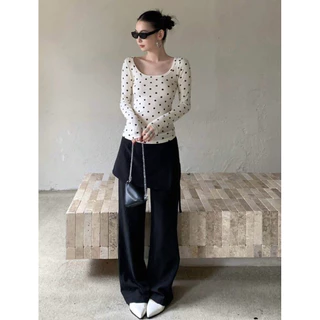 (พร้อมส่ง)เสื้อยืดแขนยาว Polka Dot คอกว้าง