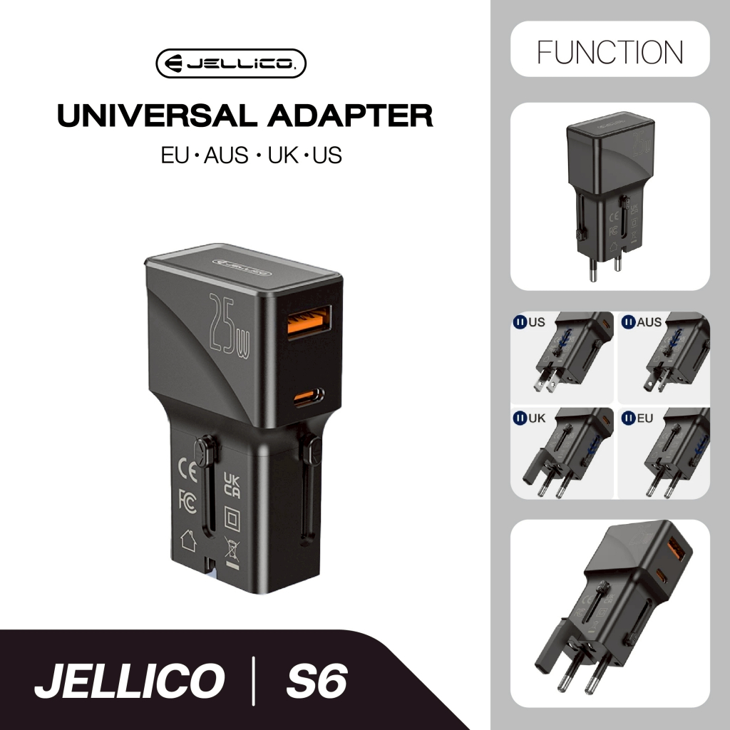 JELLICO หัวแปลงปลั๊กไฟ Universal Adapter Mini Pocket Charger 25W รุ่น S6