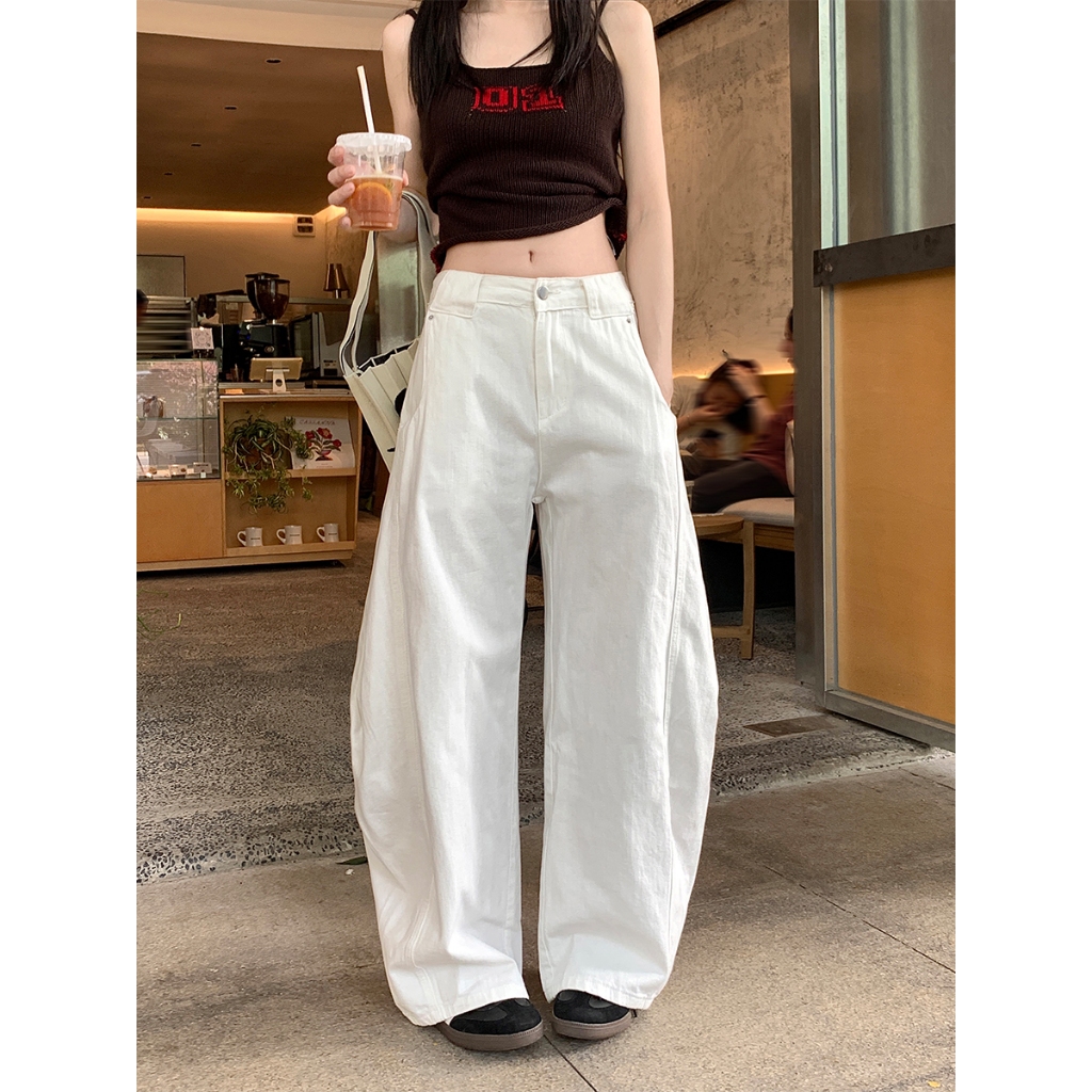 กางเกงยีนส์ผู้หญิงสีขาวสไตล์เกาหลี OOTD ขาใหญ่ทรงหลวม ดีไซน์ปลายบานแบบลากพื้น