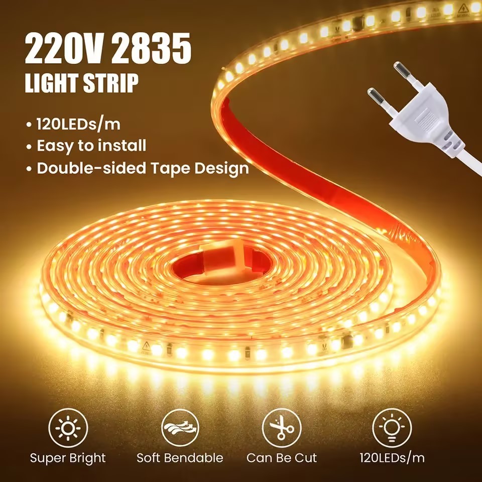ไฟ LED Strip ขนาด 220 โวลต์พร้อมปลั๊ก SMD2835 IP68 กันน้ำ 120Leds / m พร้อมกาวด้านหลังทุก 10 ซม. สามารถตัดแถบไฟอ่อนสำหรั
