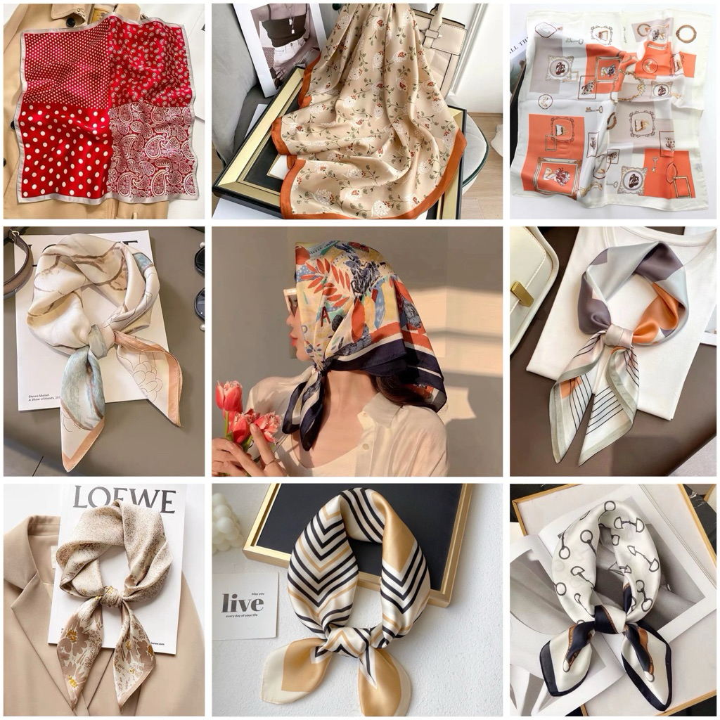 ผ้ามัดผมเกาหลี  ผ้าพันคอ ผ้าไหมซาติน 70x70ซม