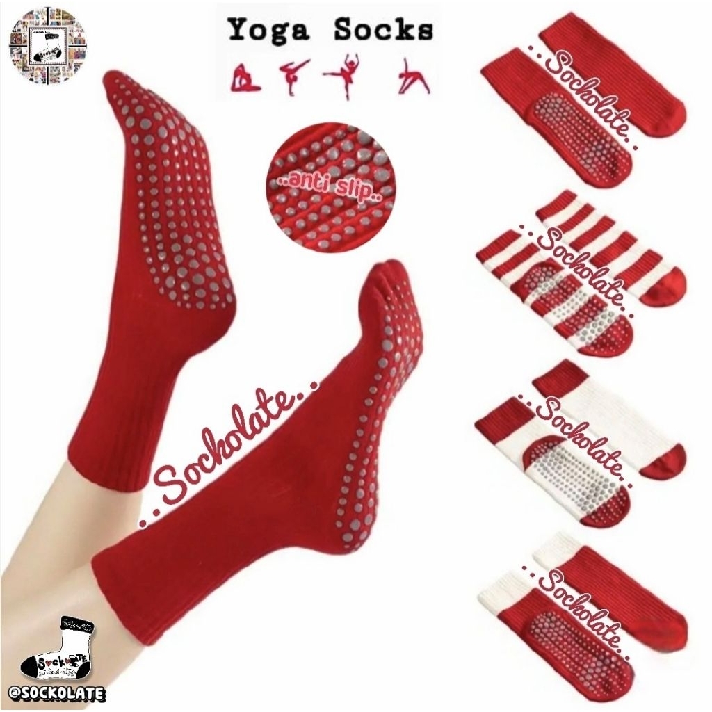 ถุงเท้าโยคะ ถุงเท้าพิลาทิส สีแดง พื้นมีกันลื่น anti-slip ข้อกลาง ใส่ออกกำลังกาย ฟิตเนส เล่นกีฬาต่างๆ 