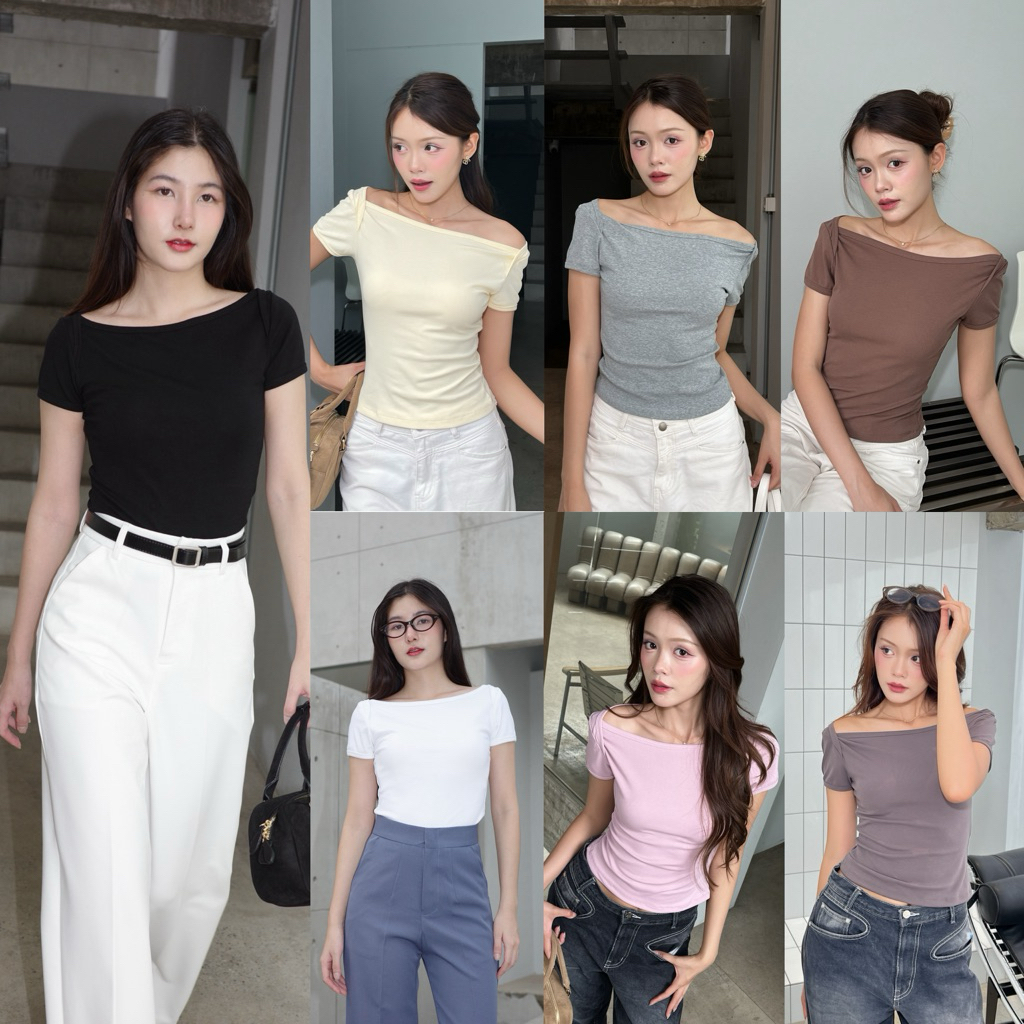 (ไม่ผลิตเพิ่ม)BEMYCHIC เสื้อปาดไหล่รัดรูป ดีเทลจับจีบตรงไหล่ เรียบหรูติดแกรม becky crop top