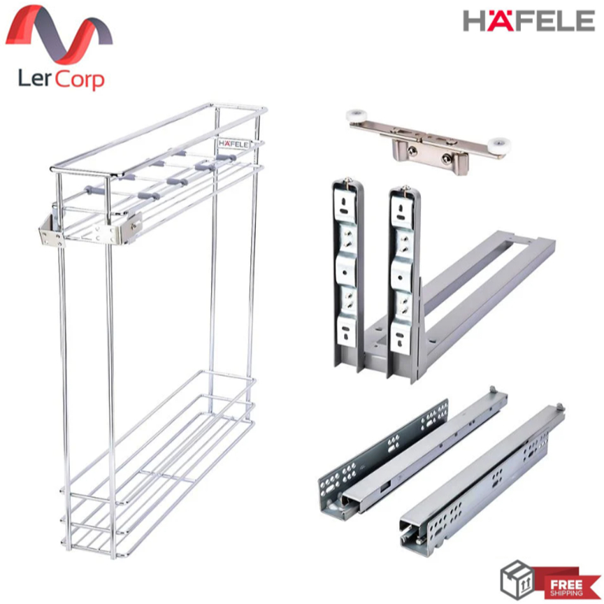 (Hafele) ตะแกรงบานดึง สำหรับตู้กว้าง 150 มม. พร้อมที่กั้นขวด วัสดุสแตนเลส 304 (495.35.382)