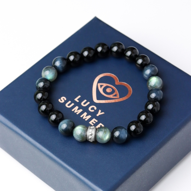 LUCYSUMMER กำไลข้อมือหินแท้ Labradorite, Blue tiger eye และ Onyx ขนาด 8 มม. พร้อมตัวคั่น Spacer